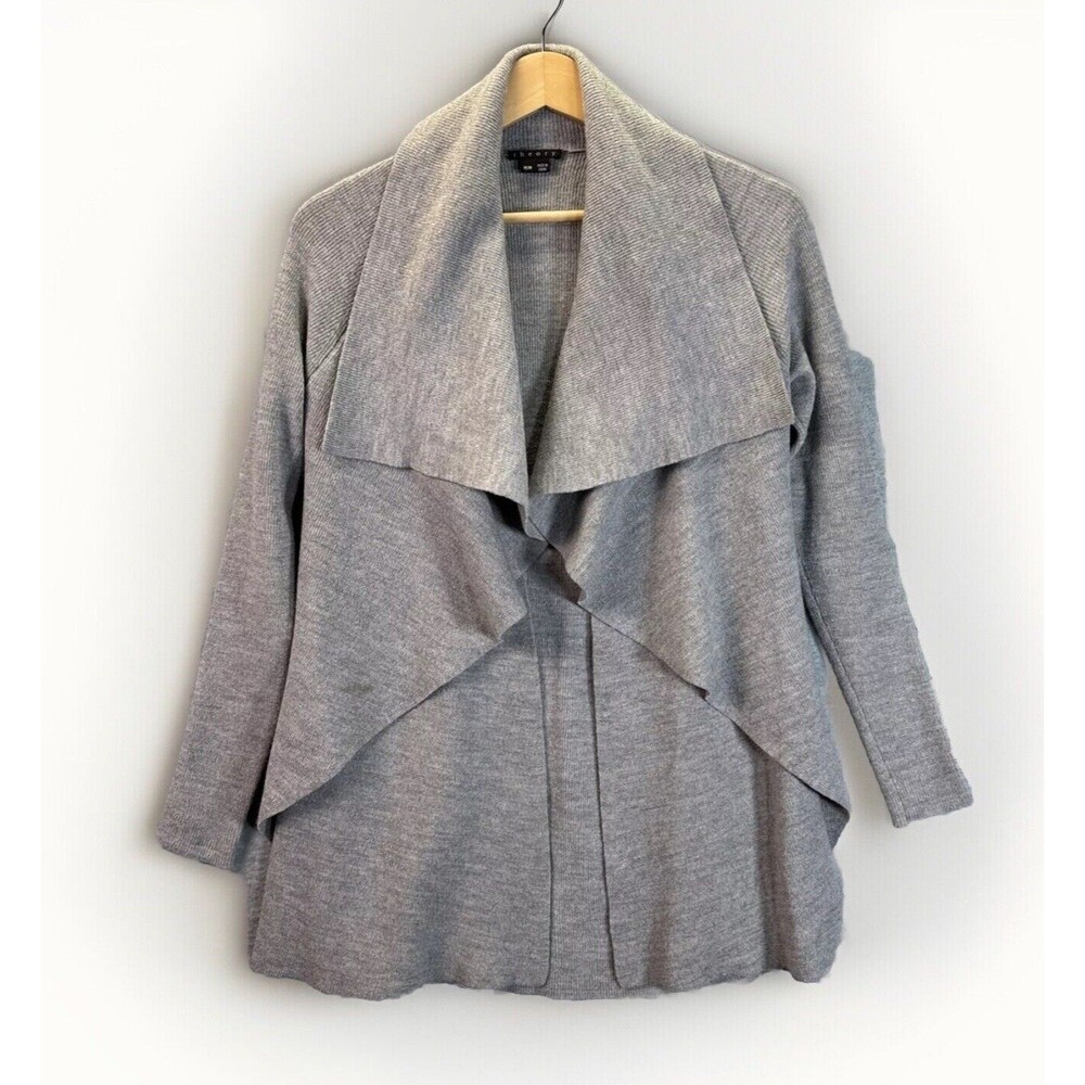 Theory Wool Gray Open‎ Front Cardigan M Sweater Shanda Ribbed Ruffle Lagenlook